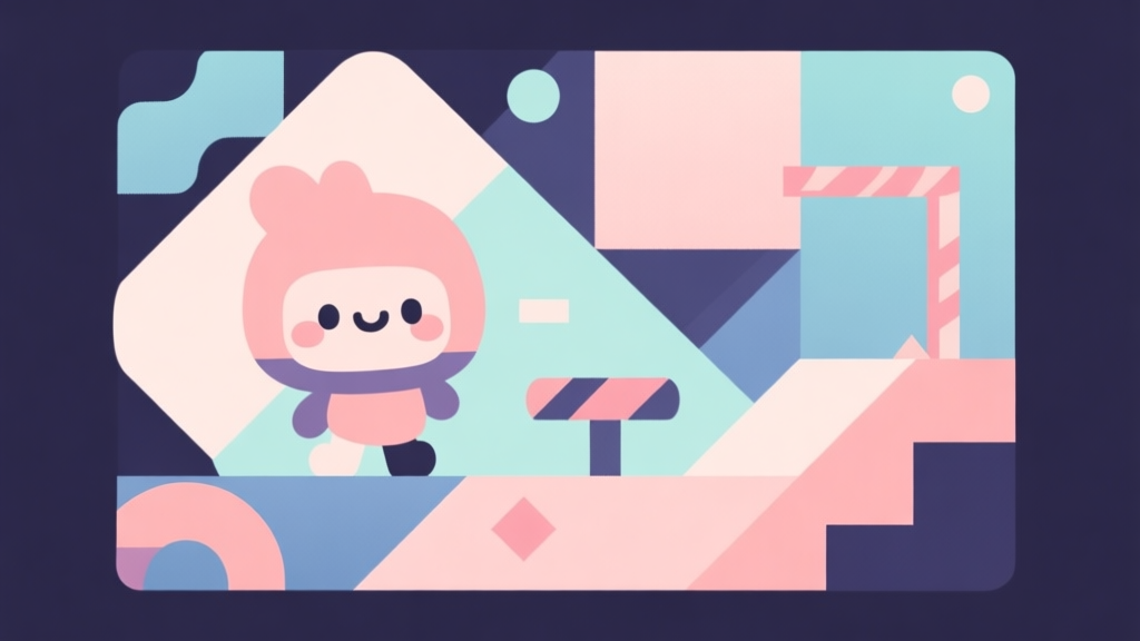Abstract geometric composition with overlapping shapes representing a cute character and challenging obstacles, soft pastel colors, modern minimal style, professional game concept illustration high quality illustration, detailed, 16:9