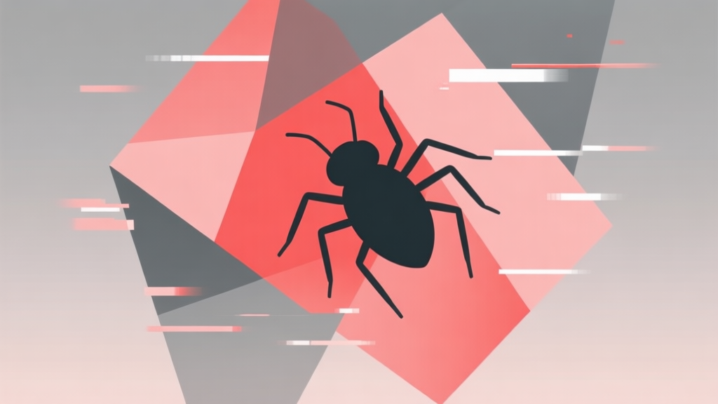 Abstract geometric composition with overlapping shapes representing glitches and bugs, soft red and gray color scheme, modern minimal style, digital problem concept illustration high quality illustration, detailed, 16:9