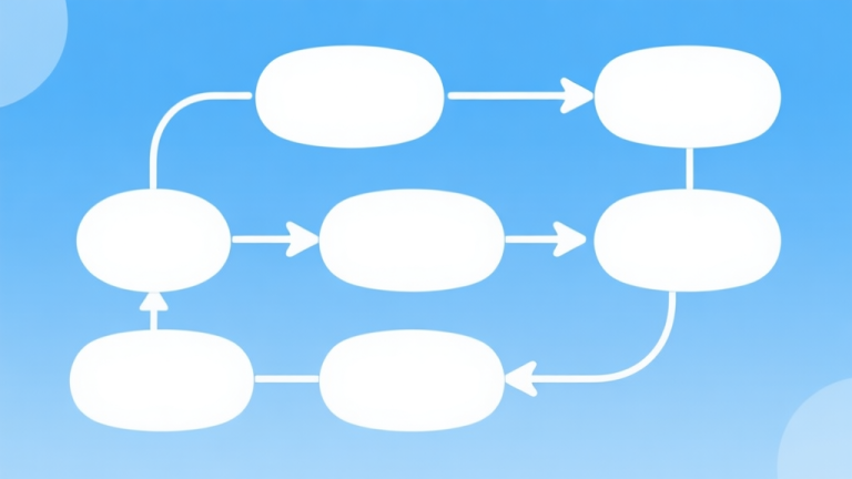 自动生成图片: Simple flowchart illustration with connected circles and arrows, light blue and white color scheme, clean minimal design, business presentation style high quality illustration, detailed, 16:9