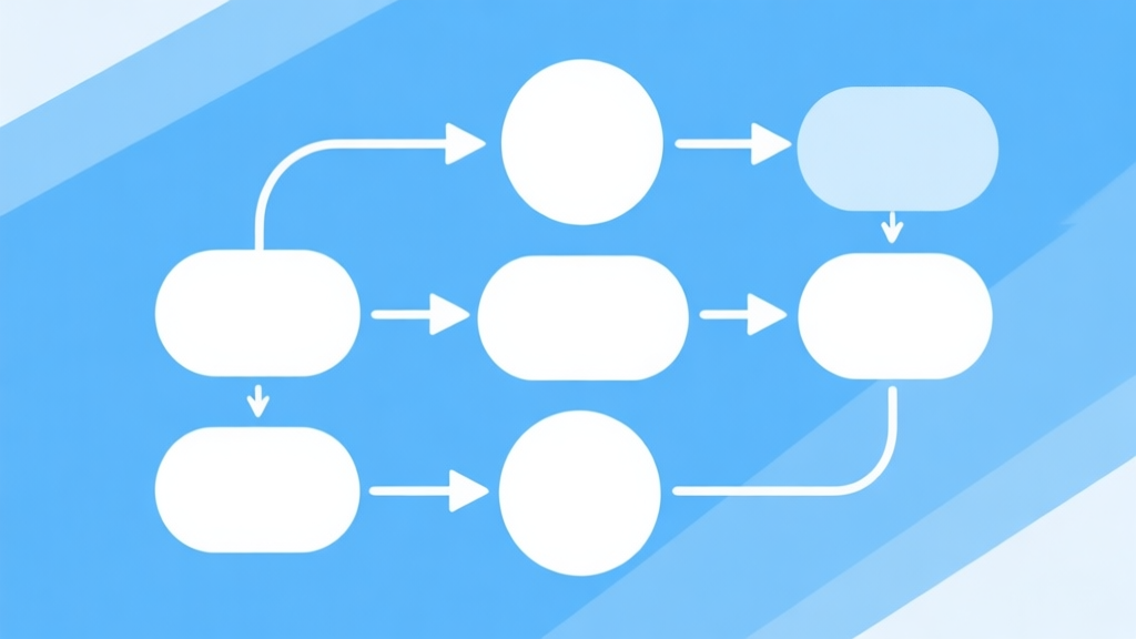 Simple flowchart illustration with connected circles and arrows, light blue and white color scheme, clean minimal design, business presentation style high quality illustration, detailed, 16:9