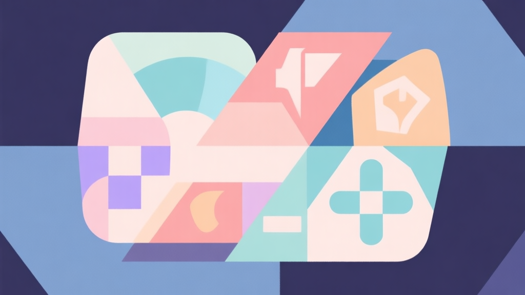 Abstract geometric composition with overlapping shapes representing different game genres, soft pastel colors, modern minimal style, professional comparison concept illustration high quality illustration, detailed, 16:9