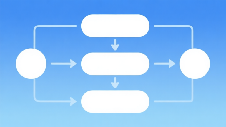 自动生成图片: Simple flowchart illustration with connected circles and arrows, light blue and white color scheme, clean minimal design, business presentation style high quality illustration, detailed, 16:9