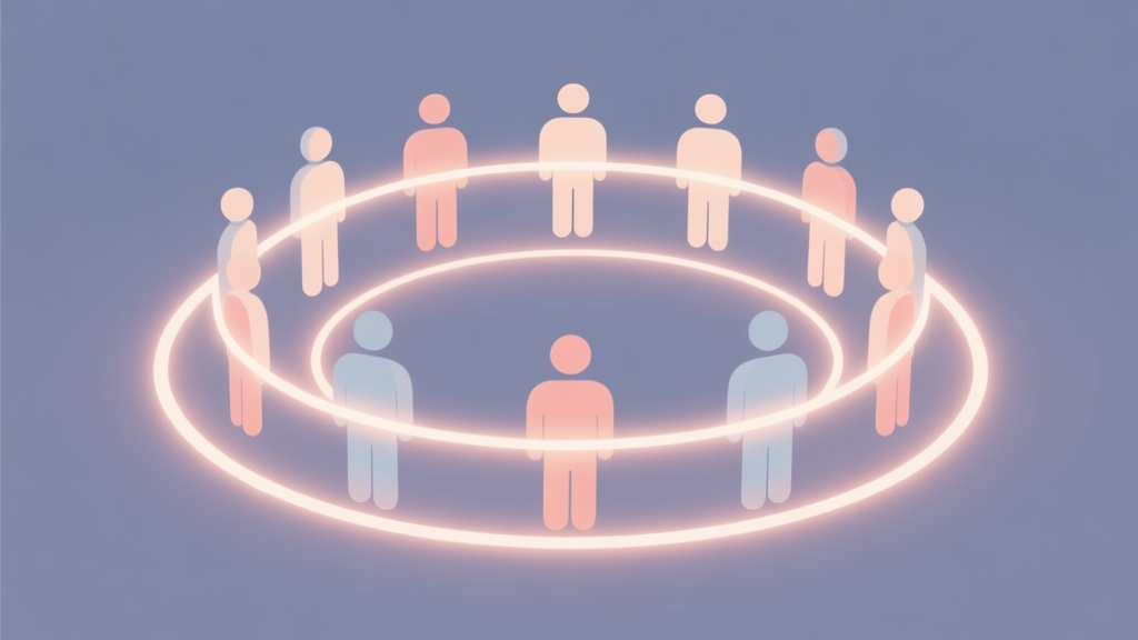 Simple human figures in circular arrangement connected by glowing lines, soft colors, flat design icons, teamwork and synergy concept illustration, minimalist style high quality illustration, detailed, 16:9
