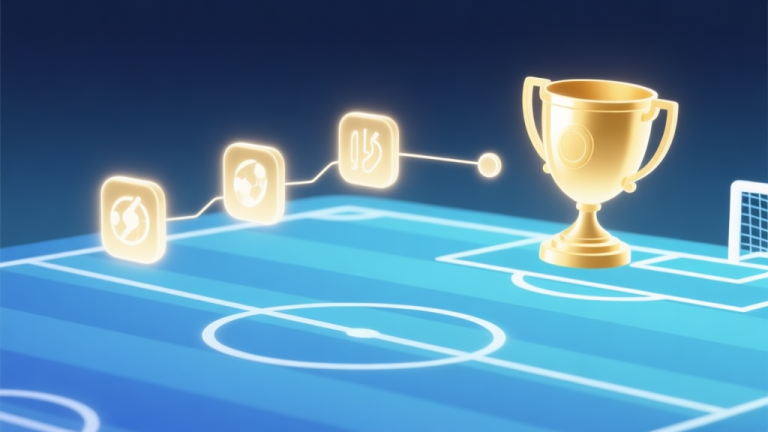 自动生成图片: A minimalist illustration of a virtual soccer field with glowing skill icons hovering above it, connected by a flowchart line to a shining trophy, soft blue and gold gradient, clean digital art style high quality illustration, detailed, 16:9