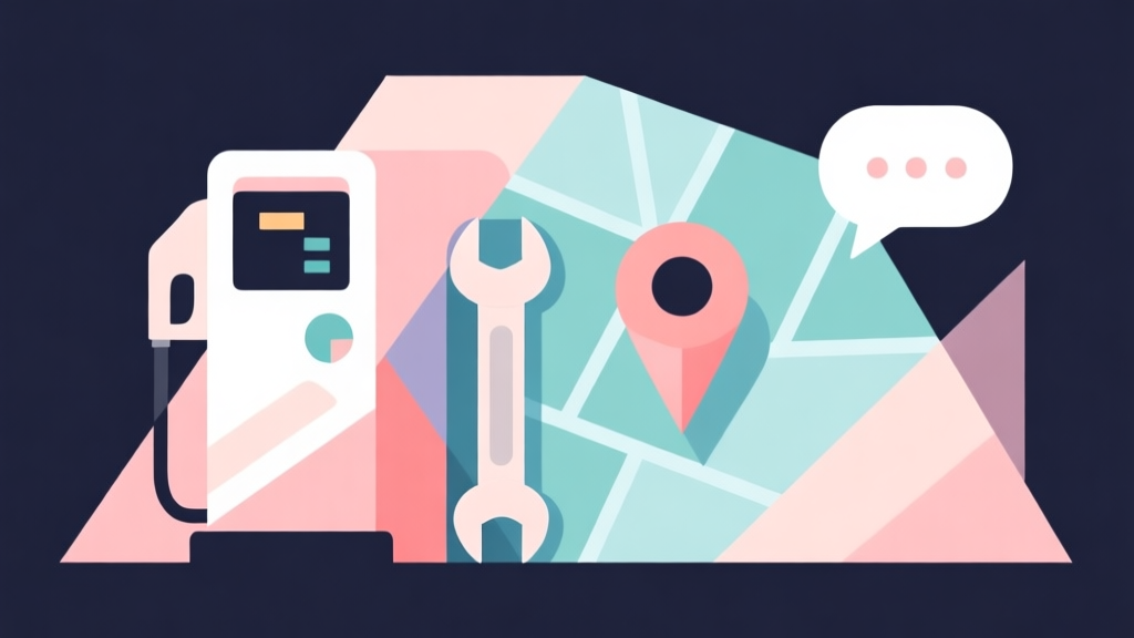 Abstract geometric composition with overlapping shapes representing a gas pump, a wrench, a map marker, and a conversation bubble, soft pastel colors, modern minimal style, professional gaming concept illustration high quality illustration, detailed, 16:9