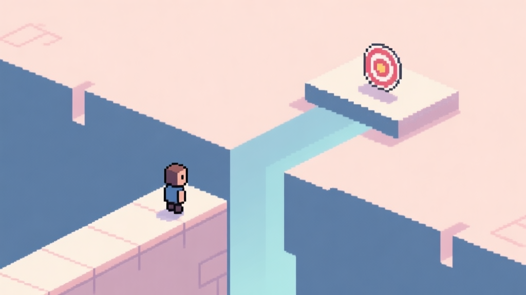 A side-view of a minimalist video game scene with a small character sprite on a narrow platform, facing a wide gap with a target platform on the other side, soft pastel colors, clean lines, illustrating a platformer game challenge high quality illustration, detailed, 16:9