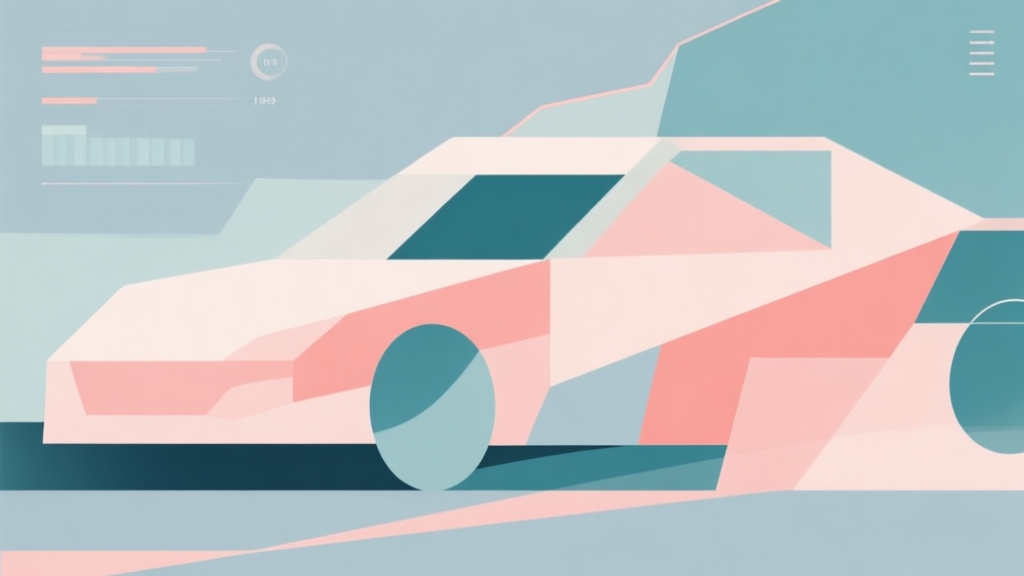 Abstract geometric composition with overlapping shapes representing car performance factors, soft pastel colors, modern minimal style, professional analysis concept illustration high quality illustration, detailed, 16:9