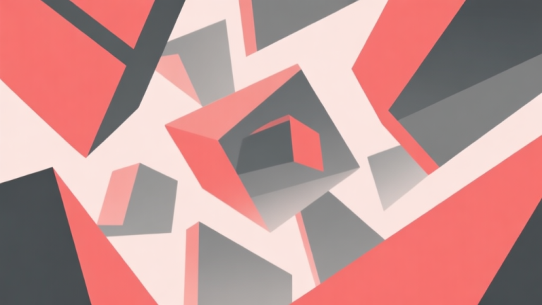 自动生成图片: Abstract geometric composition with overlapping shapes representing confusion and obstacles, soft red and gray color scheme, modern minimal style, professional gaming concept illustration high quality illustration, detailed, 16:9