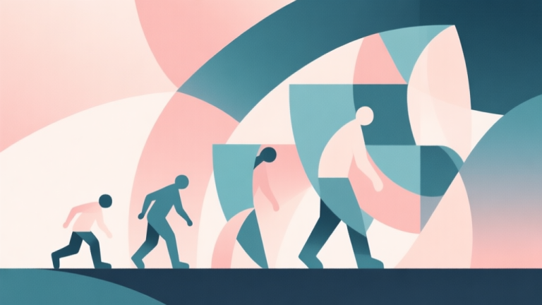 自动生成图片: Abstract geometric composition with overlapping shapes representing evolution, soft pastel colors, modern minimal style, professional concept illustration of progression from simple to complex high quality illustration, detailed, 16:9