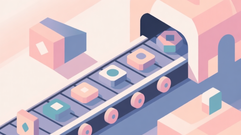 自动生成图片: Abstract geometric composition with overlapping shapes representing game units on a conveyor belt, soft pastel colors, modern minimal style, professional game design concept illustration high quality illustration, detailed, 16:9