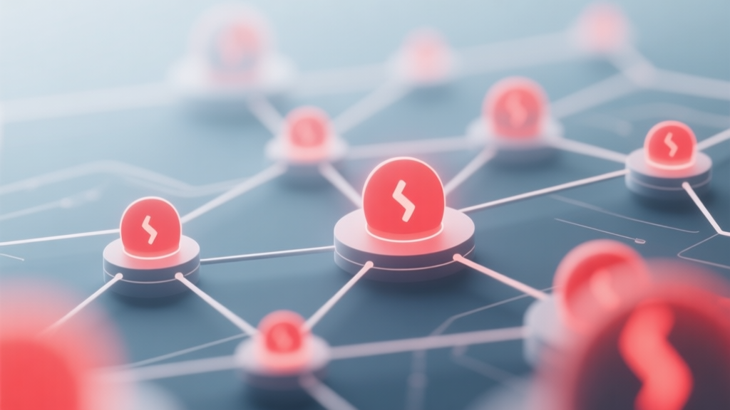 Abstract network nodes connected by lines, some nodes glowing red to indicate errors, soft color scheme, clean minimal illustration, modern digital concept of a decentralized finance interface high quality illustration, detailed, 16:9