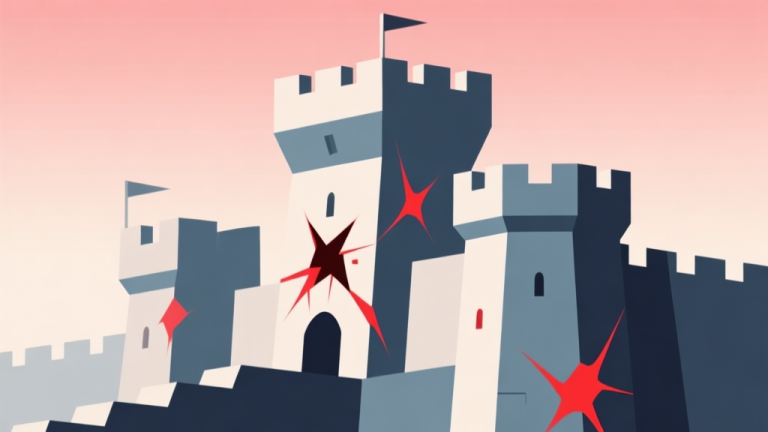自动生成图片: Abstract geometric fortress with visible weak points highlighted in red, soft gradient background, clean lines, minimalist game design style, concept of vulnerability high quality illustration, detailed, 16:9