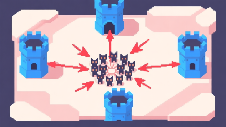 自动生成图片: A minimalist top-down view of a pixel art game base, with defensive towers in blue and a swarm of small cat units emerging from a central point, disrupting red attack arrows, clean geometric shapes, soft colors high quality illustration, detailed, 16:9