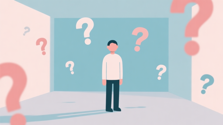 自动生成图片: A minimalist illustration showing a simple avatar standing in an empty virtual room, with question marks floating around. Soft pastel background, clean flat design, conveying a sense of beginning and potential. high quality illustration, detailed, 16:9