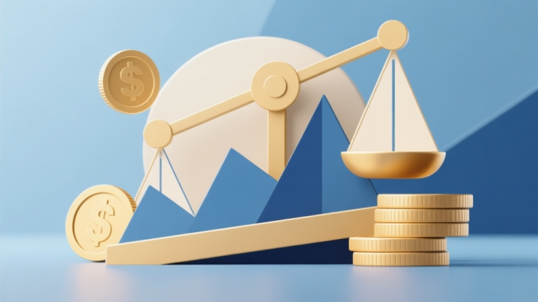 自动生成图片: Abstract geometric composition with overlapping scales and coins, soft gold and blue color scheme, modern minimal style, professional economic concept illustration high quality illustration, detailed, 16:9