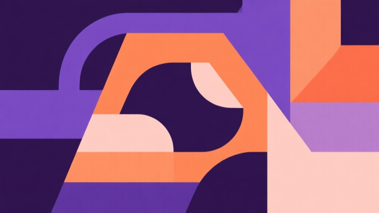 自动生成图片: Abstract geometric composition with overlapping shapes in dark purple and orange, soft pastel colors, modern minimal style, professional game difficulty concept illustration high quality illustration, detailed, 16:9