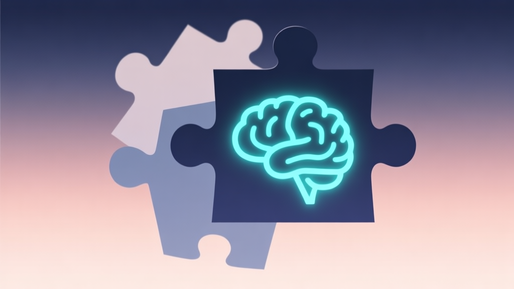 Abstract geometric composition with overlapping puzzle pieces and glowing brain icon, soft gradient background, clean minimal design, modern digital concept illustration high quality illustration, detailed, 16:9