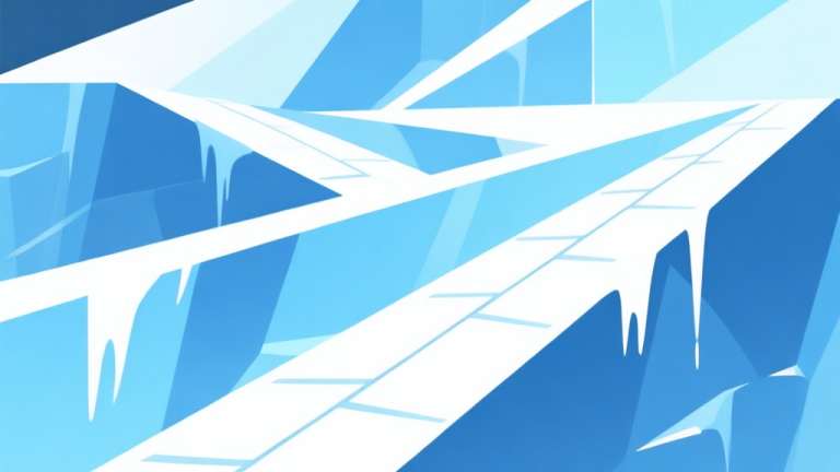 自动生成图片: Abstract geometric composition with icy blue and white overlapping shapes, slippery slopes and traction lines, modern minimal style, professional game concept illustration high quality illustration, detailed, 16:9