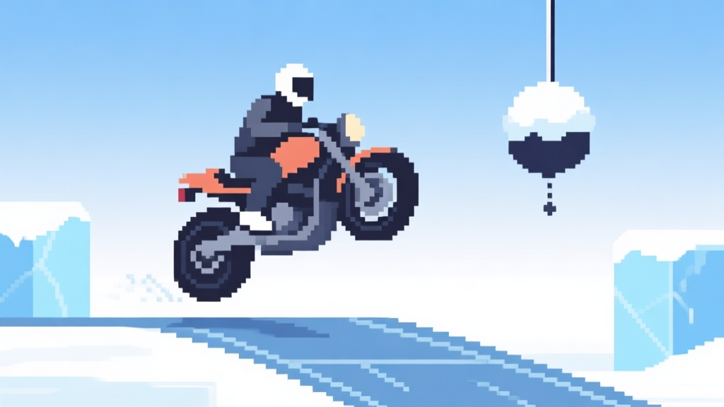 A minimalist side-view illustration of a pixelated motorbike mid-air on an icy track, with a large snow pendulum swinging nearby. The background is a soft gradient of blue and white, with simple geometric shapes representing ice and snow obstacles. Clean, flat design style. high quality illustration, detailed, 16:9