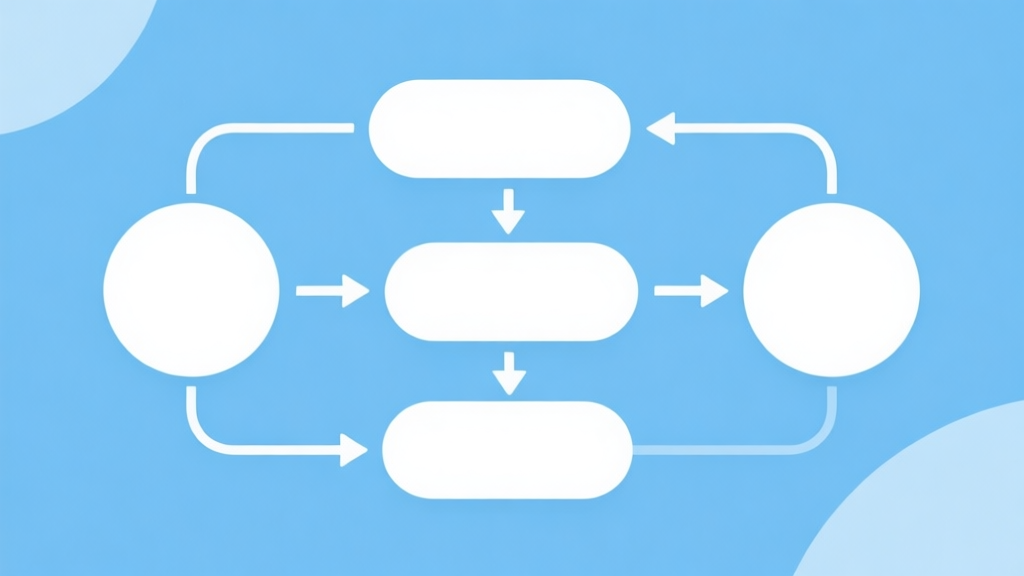 Simple flowchart illustration with connected circles and arrows, light blue and white color scheme, clean minimal design, business presentation style high quality illustration, detailed, 16:9