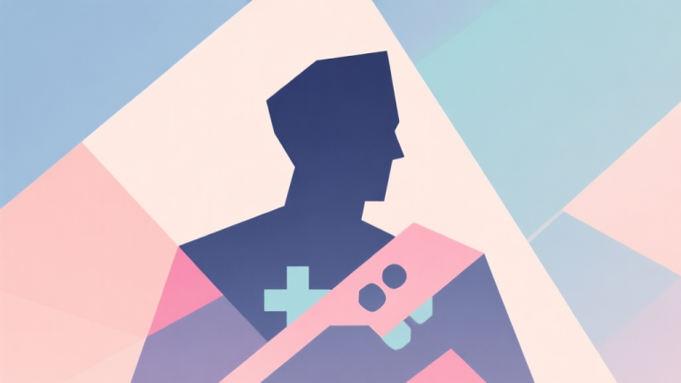 自动生成图片: Abstract geometric composition with overlapping shapes representing a game character silhouette, soft pastel colors, modern minimal style, professional gaming concept illustration high quality illustration, detailed, 16:9