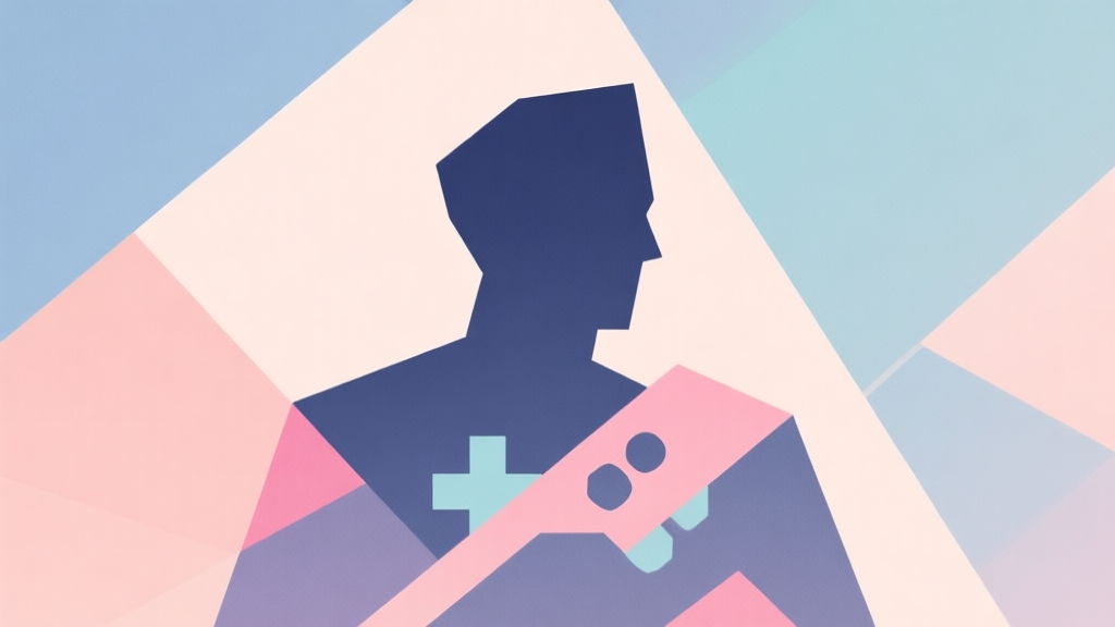 Abstract geometric composition with overlapping shapes representing a game character silhouette, soft pastel colors, modern minimal style, professional gaming concept illustration high quality illustration, detailed, 16:9