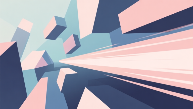 自动生成图片: Abstract geometric composition with overlapping shapes representing obstacles and a fast-moving line, soft pastel colors, modern minimal style, professional gaming concept illustration high quality illustration, detailed, 16:9