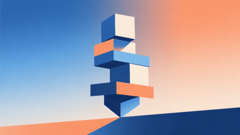 自动生成图片: Abstract geometric composition of stacked blocks in perfect balance, soft gradient background of blue and orange, clean lines, modern minimalist style, illustrating strategy and precision high quality illustration, detailed, 16:9