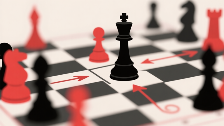 自动生成图片: Abstract chessboard with red and black pieces in opening positions, strategic arrows showing movement paths, minimalist design with soft focus on central control high quality illustration, detailed, 16:9