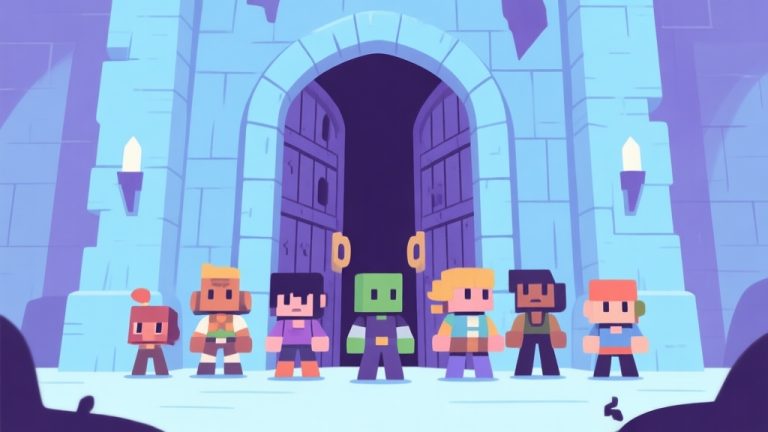 自动生成图片: A group of diverse, stylized video game avatars standing before a massive, imposing dungeon gate, looking determined, in a minimalist illustration style with soft blues and purples high quality illustration, detailed, 16:9