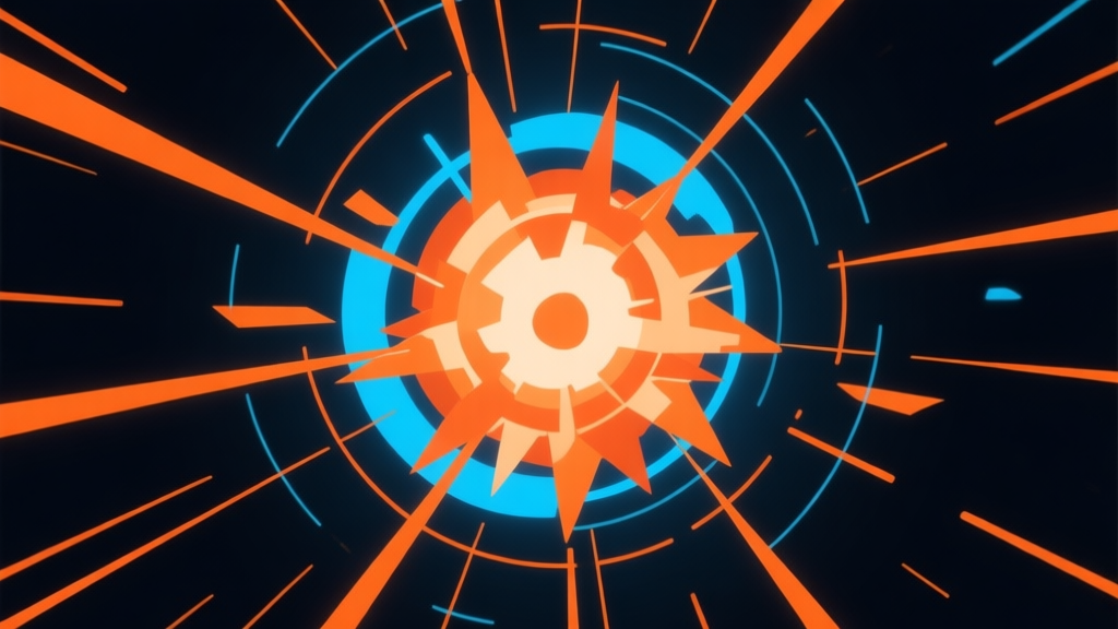 Abstract geometric explosion with concentric circles and radiating lines, representing a supernova effect in games, dark background with bright orange and blue energy, digital art style, clean and dynamic high quality illustration, detailed, 16:9