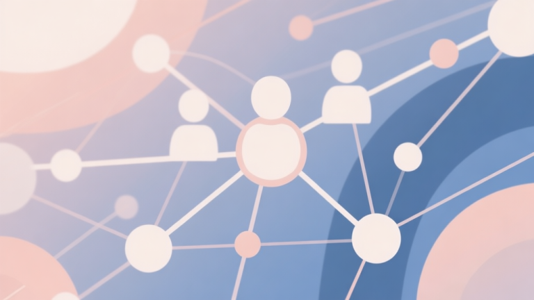 自动生成图片: Abstract network nodes connected by lines, soft color scheme, clean minimal illustration, modern digital concept representing team synergy high quality illustration, detailed, 16:9