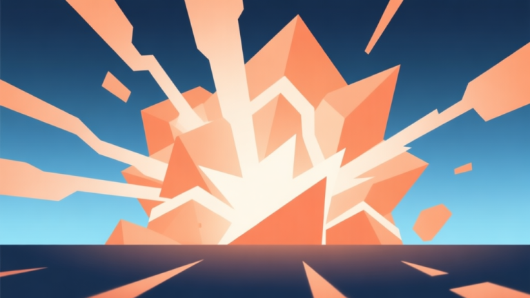 自动生成图片: Abstract geometric composition with overlapping shapes representing energy build-up and explosion, soft orange and blue gradient, modern minimal style, professional game concept illustration high quality illustration, detailed, 16:9