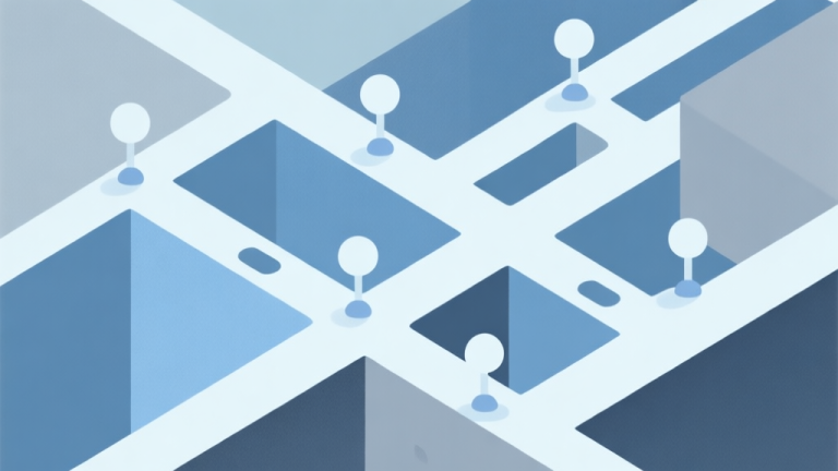 自动生成图片: Abstract geometric composition with overlapping paths and decision nodes, soft melancholic color palette of blues and greys, clean minimal style, representing branching narrative choices in a story-driven game high quality illustration, detailed, 16:9