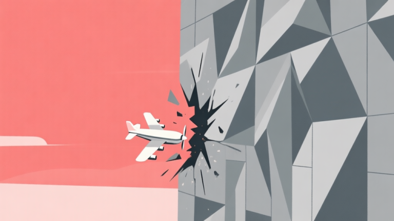 自动生成图片: A minimalist illustration of a small, simple airplane crashing into a large, complex geometric wall, representing a new player's failure in a competitive game. Soft red and grey color scheme, clean lines, abstract concept. high quality illustration, detailed, 16:9