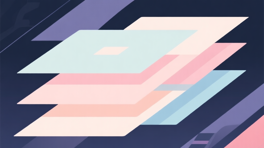 Abstract geometric composition with overlapping shapes representing strategy layers, soft pastel colors, modern minimal style, professional gaming concept illustration high quality illustration, detailed, 16:9