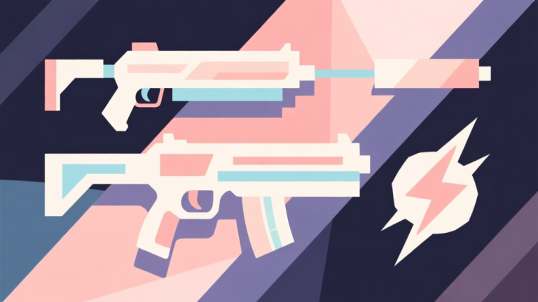 自动生成图片: Abstract geometric composition with overlapping shapes representing weapons and power-ups, soft pastel colors, modern minimal style, professional game analysis concept illustration high quality illustration, detailed, 16:9