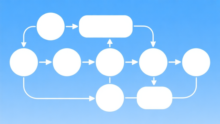 自动生成图片: Simple flowchart illustration with connected circles and arrows, light blue and white color scheme, clean minimal design, business presentation style high quality illustration, detailed, 16:9