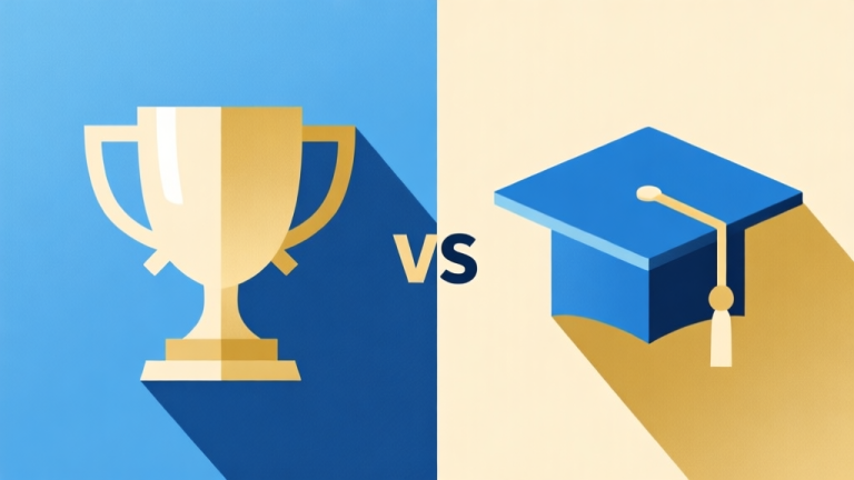 自动生成图片: Abstract geometric composition with two distinct sides, one with professional trophy shapes and the other with academic cap shapes, soft blue and gold color scheme, clean minimal design, comparison concept illustration high quality illustration, detailed, 16:9
