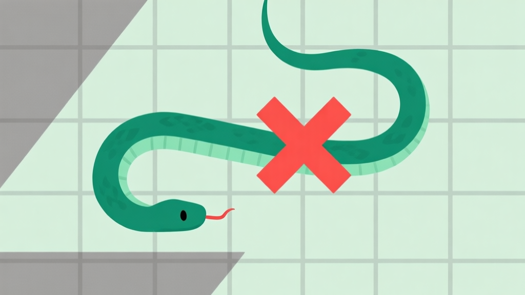 A minimalist illustration of a long snake on a grid, with a red "X" marking a collision point, soft green and grey color scheme, clean geometric design, representing game over frustration high quality illustration, detailed, 16:9