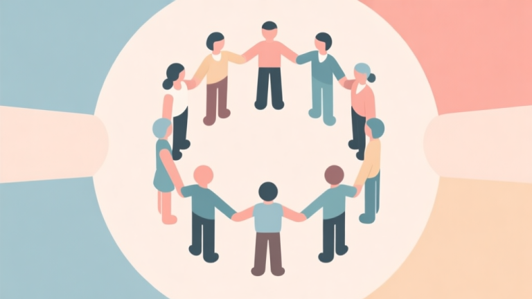 自动生成图片: Simple human figures in circular arrangement, soft colors, flat design icons, teamwork concept illustration, minimalist style high quality illustration, detailed, 16:9