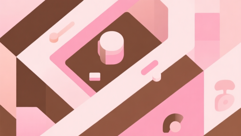 自动生成图片: Abstract geometric composition with overlapping shapes representing game mechanics, soft pastel colors like pink and brown, modern minimal style, professional business simulation concept illustration high quality illustration, detailed, 16:9