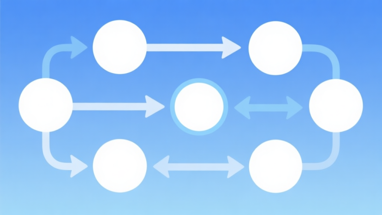 自动生成图片: Simple flowchart illustration with connected circles and arrows, light blue and white color scheme, clean minimal design, business presentation style high quality illustration, detailed, 16:9