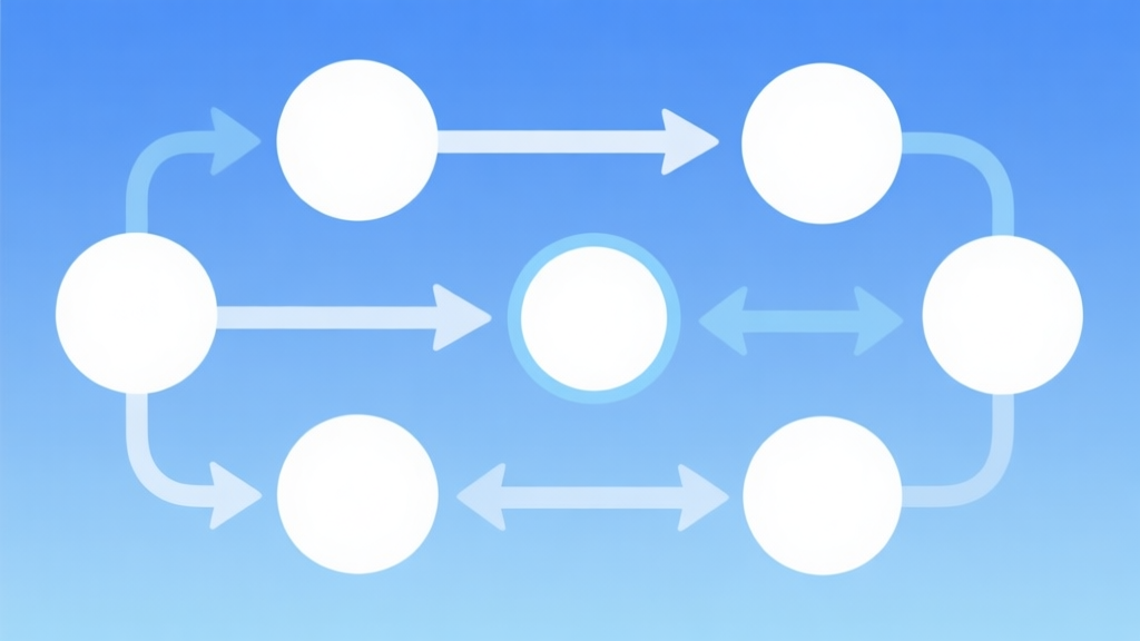Simple flowchart illustration with connected circles and arrows, light blue and white color scheme, clean minimal design, business presentation style high quality illustration, detailed, 16:9