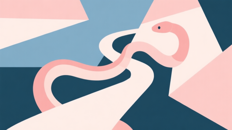 自动生成图片: Abstract geometric composition with overlapping shapes in soft pastel colors, one shape resembling a winding path or snake, modern minimal style, professional psychology concept illustration high quality illustration, detailed, 16:9