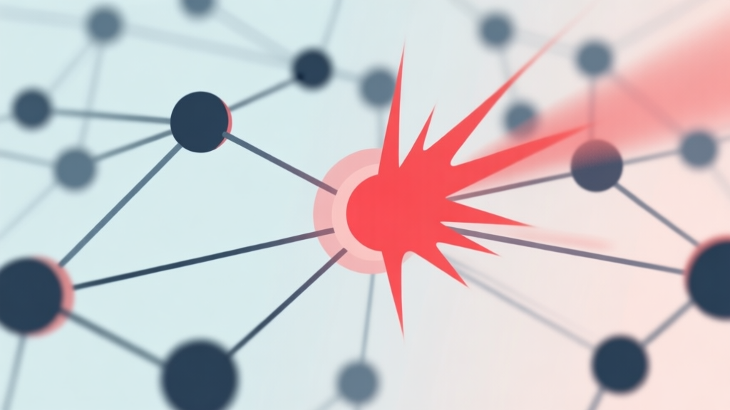 Abstract network nodes connected by lines, one node highlighted in red with an impact wave, soft color scheme, clean minimal illustration, modern digital concept of sudden attack high quality illustration, detailed, 16:9