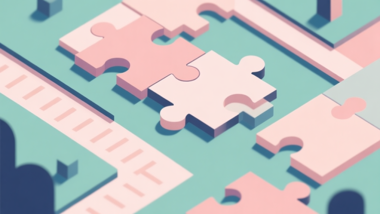 自动生成图片: Abstract geometric composition with overlapping puzzle pieces and pathways, soft pastel colors, modern minimal style, professional game design concept illustration high quality illustration, detailed, 16:9