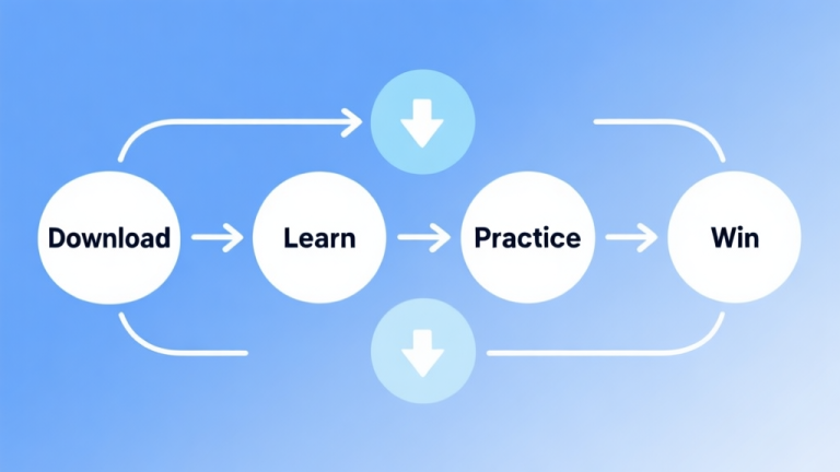 自动生成图片: Simple flowchart illustration with connected circles and arrows labeled "Download", "Learn", "Practice", "Win", light blue and white color scheme, clean minimal design, business presentation style high quality illustration, detailed, 16:9