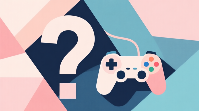 自动生成图片: Abstract geometric composition with overlapping shapes forming a question mark and a game controller, soft pastel colors, modern minimal style, professional gaming concept illustration high quality illustration, detailed, 16:9