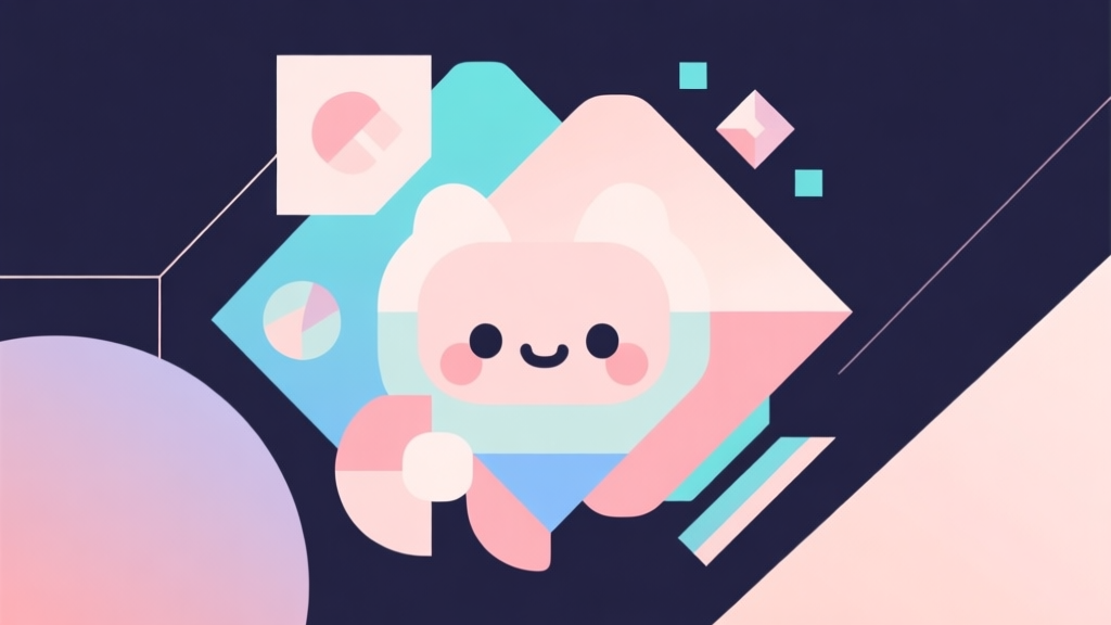 Abstract geometric composition with overlapping shapes representing a cute character and strategic elements, soft pastel colors, modern minimal style, professional gaming concept illustration high quality illustration, detailed, 16:9